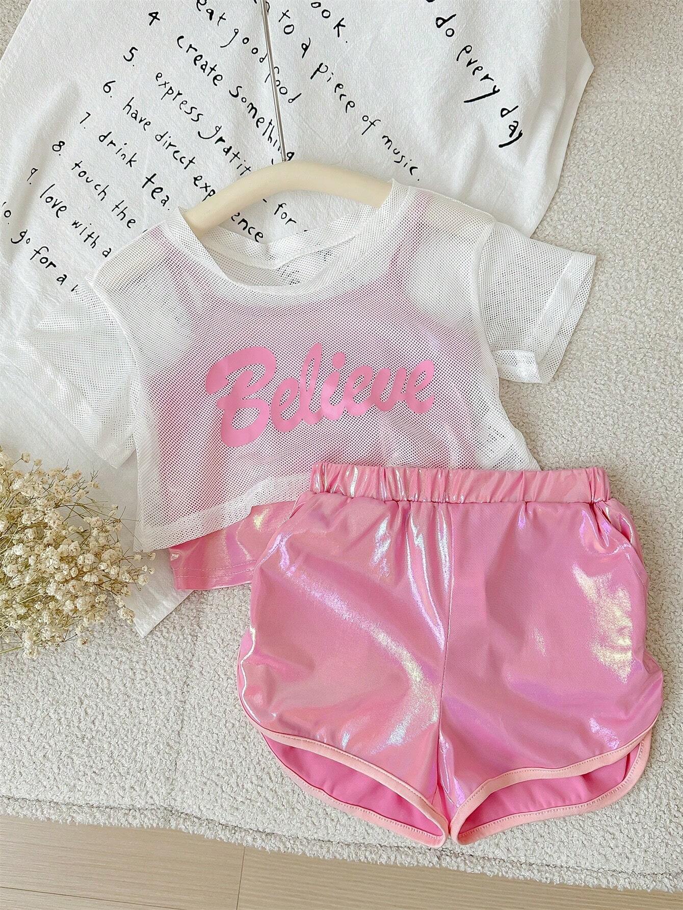 Young Girl Sporty Sweet Knitted Mesh Short Sleeve Top + Suspenders Shorts Set
