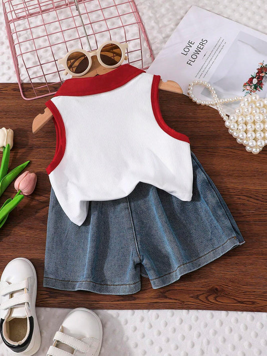 Young Girl Summer Sleeveless Square Neck Tank Top And Asymmetrical A-Line Skort