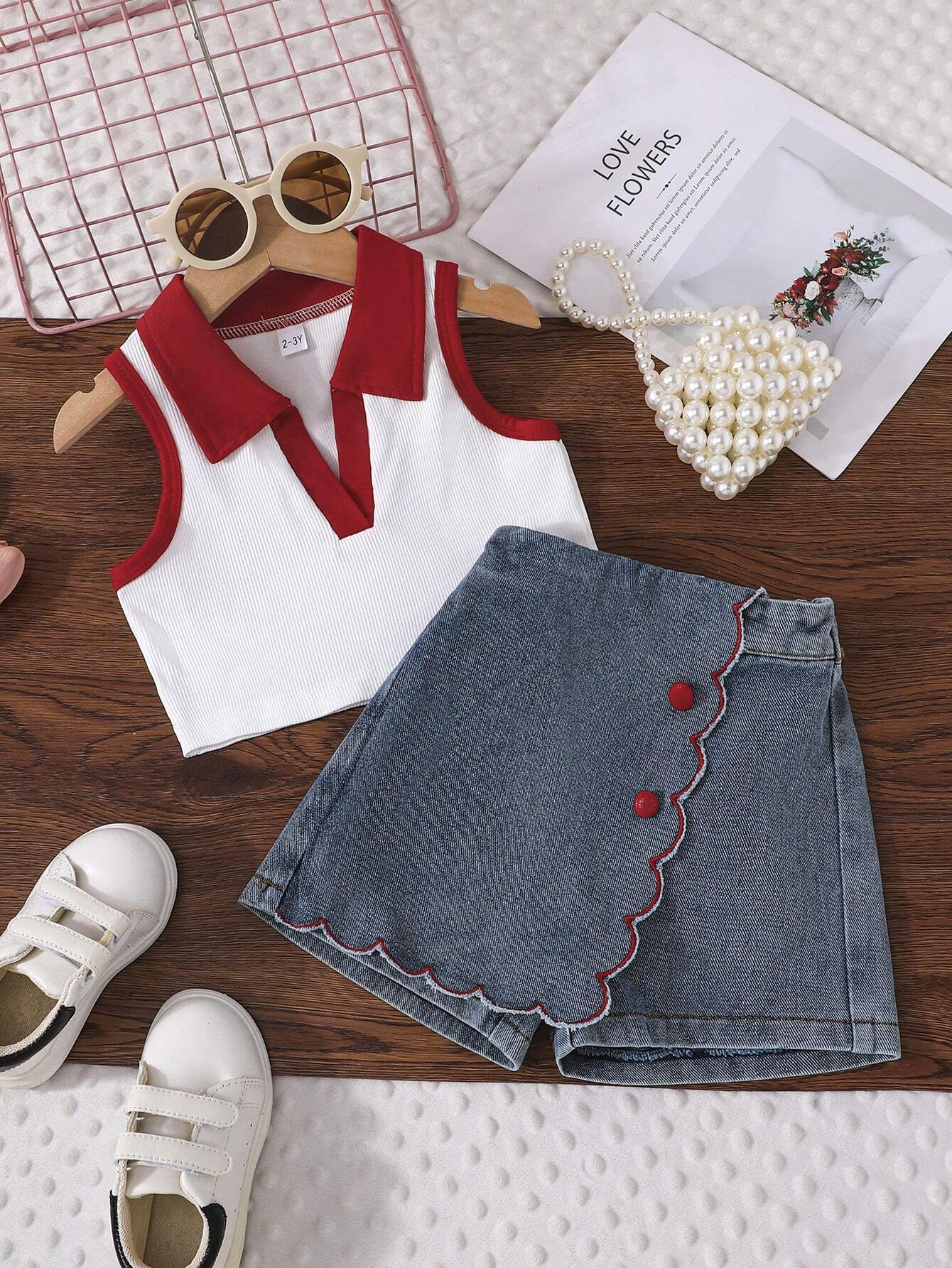 Young Girl Summer Sleeveless Square Neck Tank Top And Asymmetrical A-Line Skort