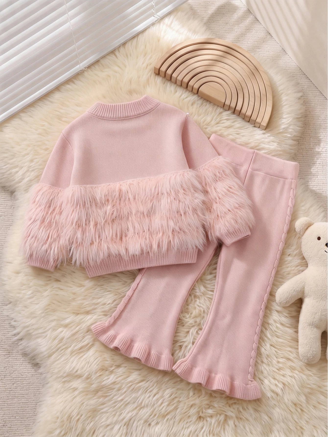 Fuzzy Patchwork Beaded Decor Sweater & Flared Knit Pants Set
