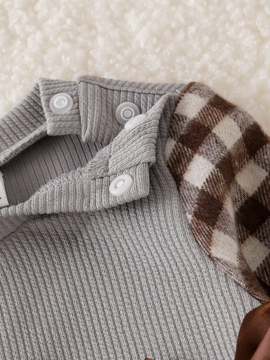 Baby Girls Knitted Brown Patchwork Plaid Long Sleeve Bow T-Shirt Top And Ribbed