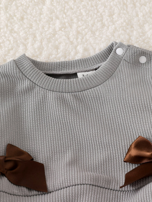 Baby Girls Knitted Brown Patchwork Plaid Long Sleeve Bow T-Shirt Top And Ribbed
