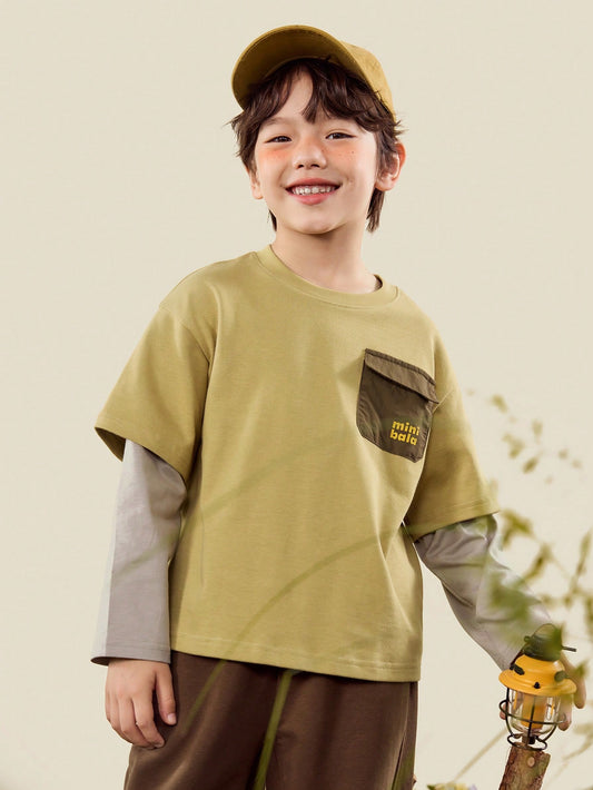 Boys Two-Layer Cotton Long Sleeve Tee Soft Breathable Stylish Casual Top-S 5Y